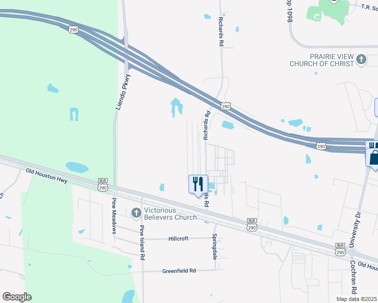 map of restaurants, bars, coffee shops, grocery stores, and more near 23240 High Point Street in Prairie View
