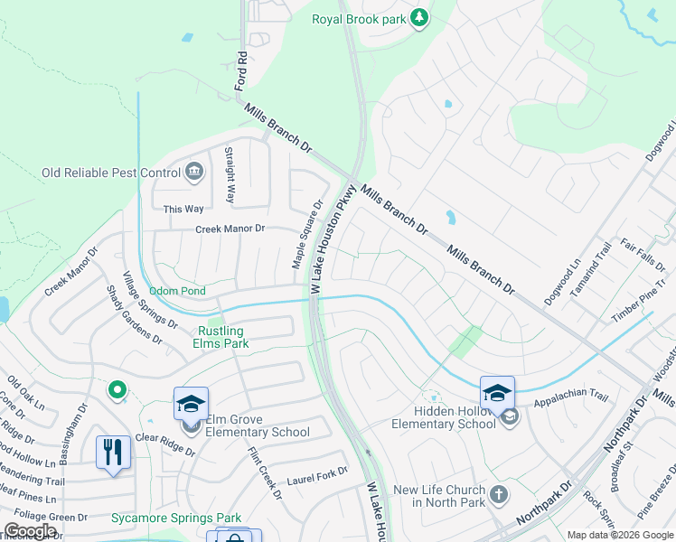 map of restaurants, bars, coffee shops, grocery stores, and more near 3202 Echo Mountain Drive in Houston