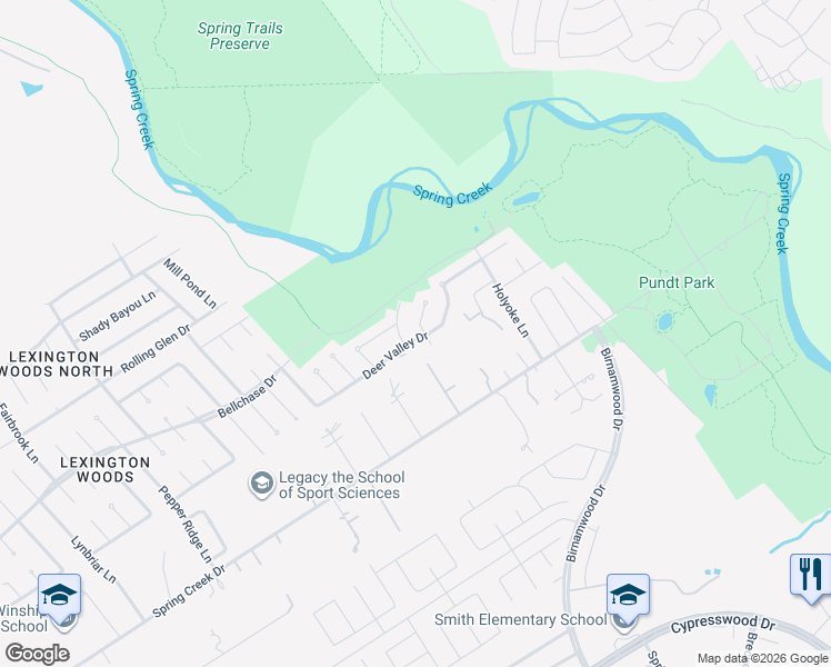 map of restaurants, bars, coffee shops, grocery stores, and more near 3225 Spring Creek Drive in Spring