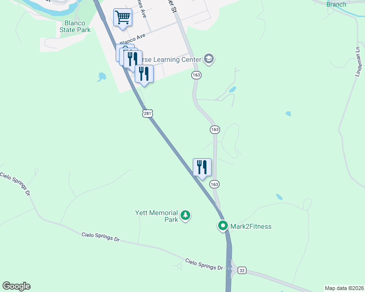 map of restaurants, bars, coffee shops, grocery stores, and more near 1725 U.S. 281 in Blanco