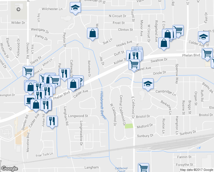 map of restaurants, bars, coffee shops, grocery stores, and more near 5686 Calder Avenue in Beaumont
