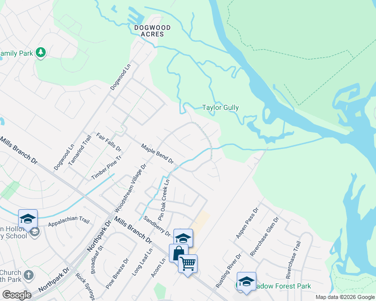 map of restaurants, bars, coffee shops, grocery stores, and more near 4815 Scenic Woods Trail in Houston