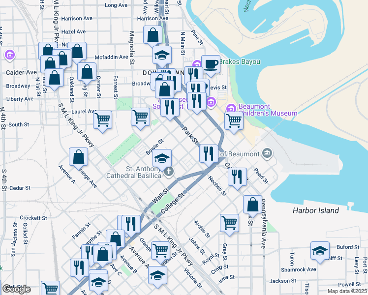 map of restaurants, bars, coffee shops, grocery stores, and more near in Beaumont