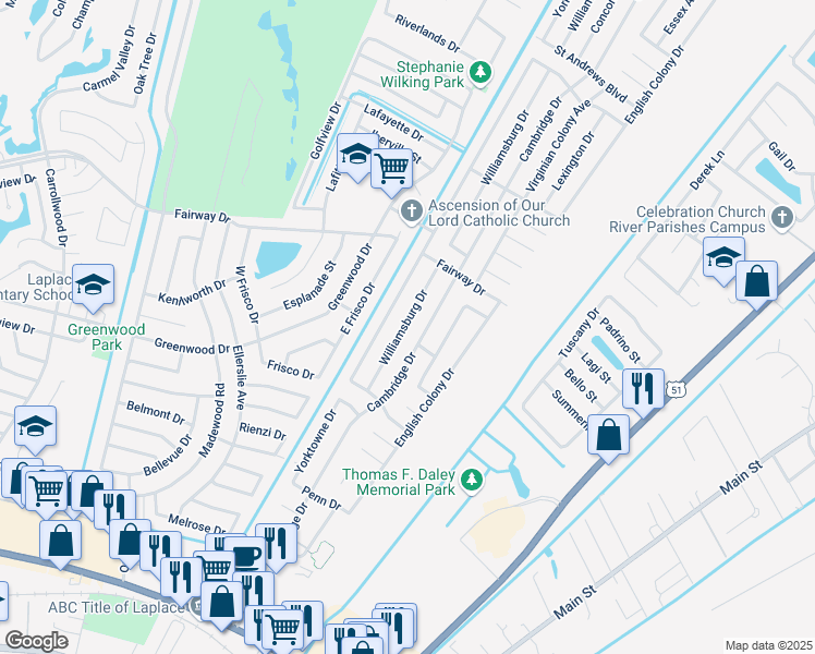 map of restaurants, bars, coffee shops, grocery stores, and more near 1812 Williamsburg Drive in LaPlace