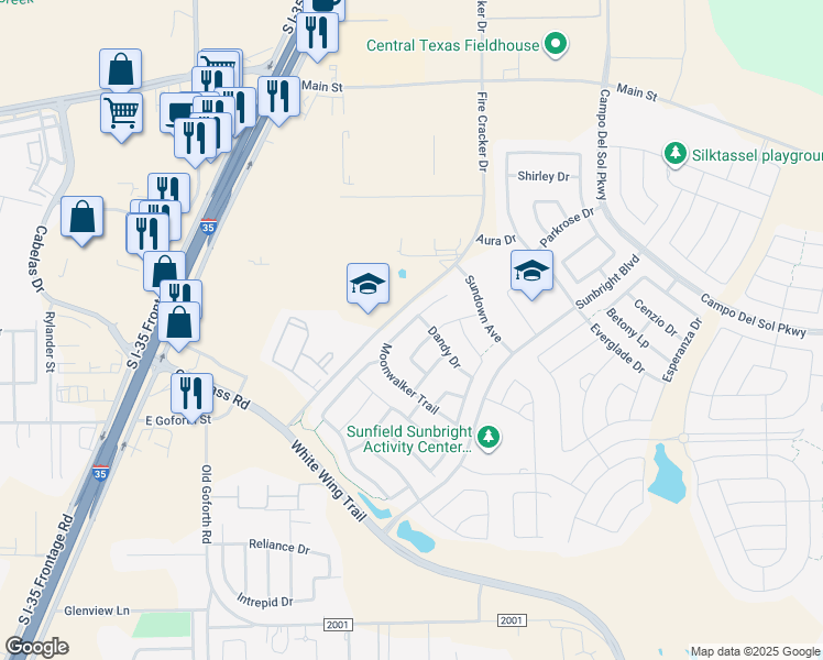 map of restaurants, bars, coffee shops, grocery stores, and more near 517 Moonwalker Trail in Buda