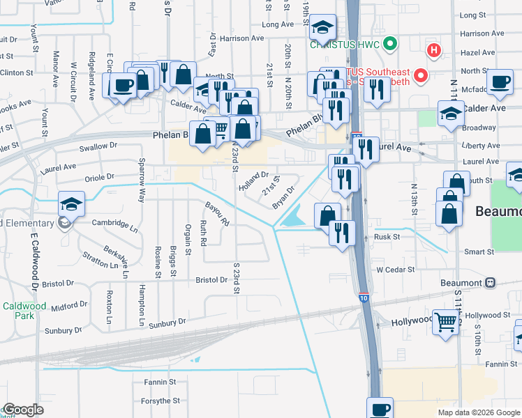 map of restaurants, bars, coffee shops, grocery stores, and more near 3755 Bryan Drive in Beaumont
