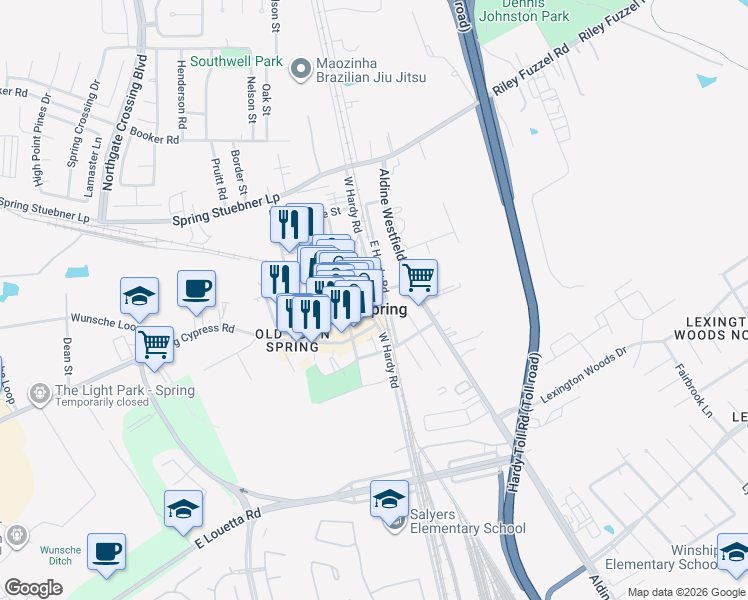 map of restaurants, bars, coffee shops, grocery stores, and more near 26437-26717 W Hardy Rd in Spring