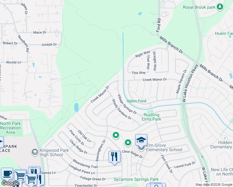 map of restaurants, bars, coffee shops, grocery stores, and more near 3030 Creek Manor Drive in Humble