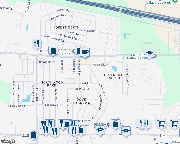 map of restaurants, bars, coffee shops, grocery stores, and more near 21735 Greenham Drive in Spring