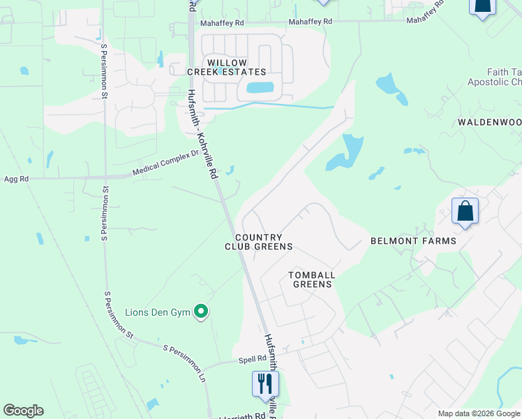 map of restaurants, bars, coffee shops, grocery stores, and more near 11310 North Country Club Green Drive in Tomball