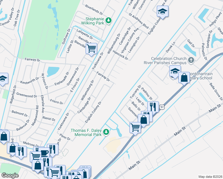 map of restaurants, bars, coffee shops, grocery stores, and more near 608 North Potomac Drive in LaPlace