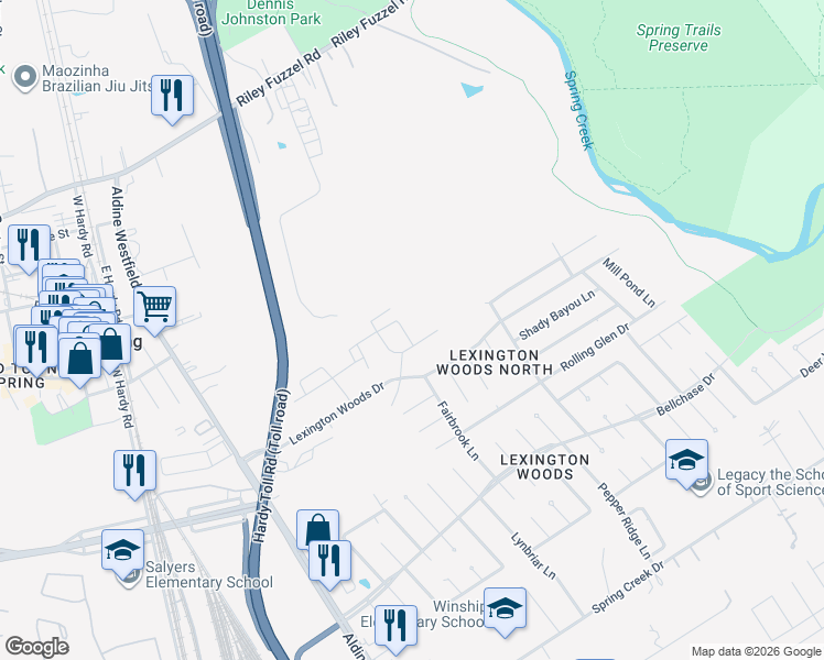 map of restaurants, bars, coffee shops, grocery stores, and more near Lexington Boulevard in Spring