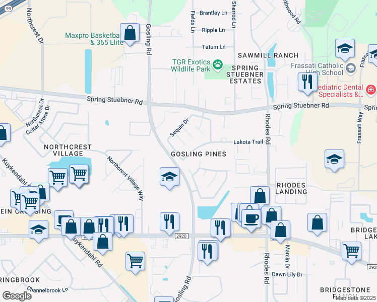 map of restaurants, bars, coffee shops, grocery stores, and more near 5514 Lakota Trail in Spring