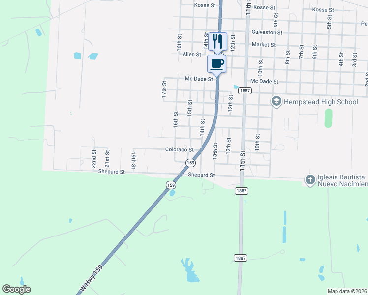map of restaurants, bars, coffee shops, grocery stores, and more near 1515 Hutchins Street in Hempstead