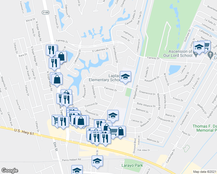 map of restaurants, bars, coffee shops, grocery stores, and more near 345 Fairview Drive in LaPlace