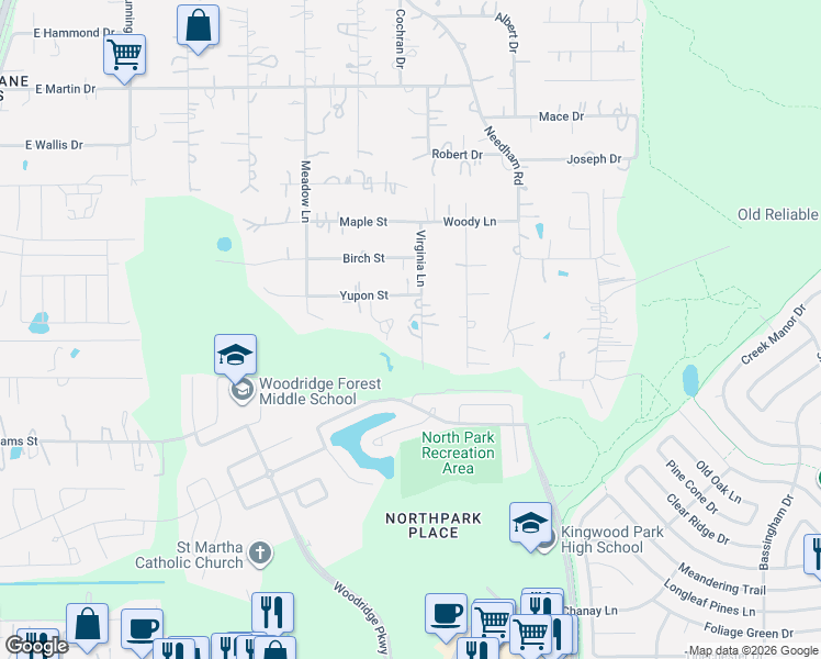 map of restaurants, bars, coffee shops, grocery stores, and more near 23076 Yupon Street in Porter