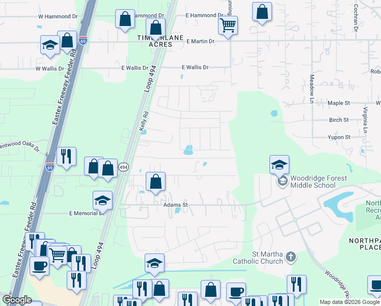 map of restaurants, bars, coffee shops, grocery stores, and more near 25547 Woodmere Spur Lane in Porter