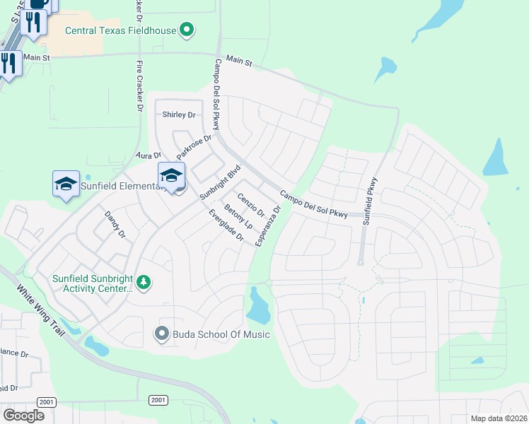 map of restaurants, bars, coffee shops, grocery stores, and more near 521 Betony Loop in Buda