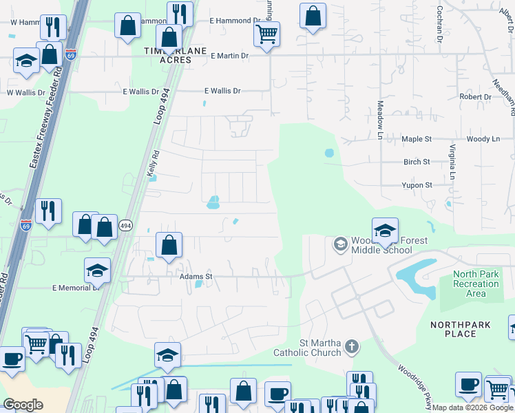 map of restaurants, bars, coffee shops, grocery stores, and more near 24133 Highway 59 North in Porter