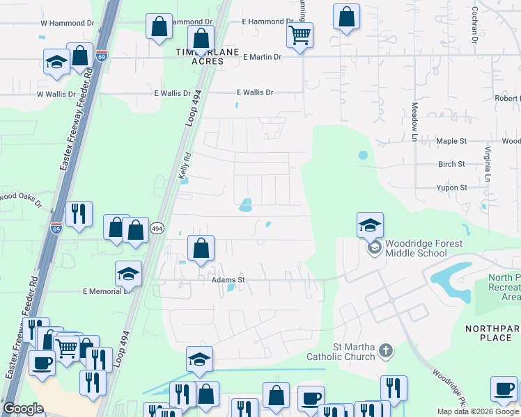 map of restaurants, bars, coffee shops, grocery stores, and more near 25547 Woodmere Spur Lane in Porter