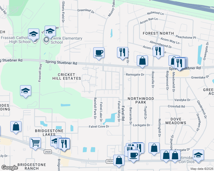 map of restaurants, bars, coffee shops, grocery stores, and more near 21806 Morgan Park Lane in Spring