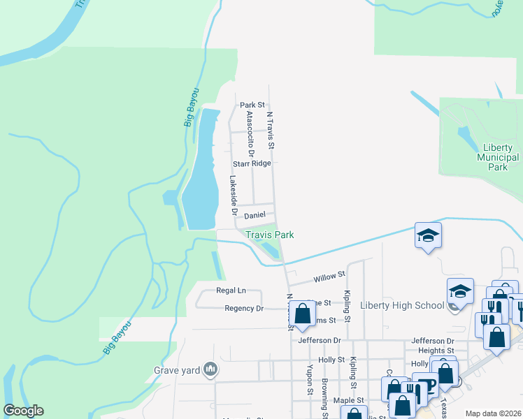 map of restaurants, bars, coffee shops, grocery stores, and more near 5002 Atascocita Drive in Liberty