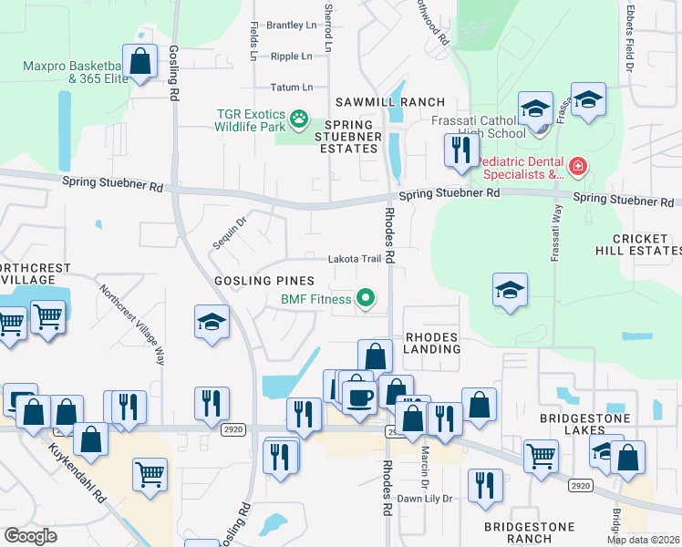 map of restaurants, bars, coffee shops, grocery stores, and more near 5222 Lakota Trail in Spring