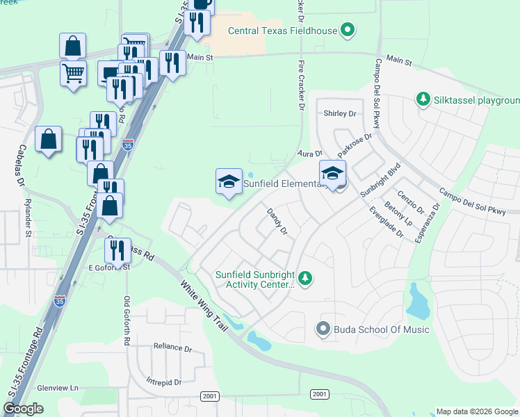 map of restaurants, bars, coffee shops, grocery stores, and more near 517 Moonwalker Trail in Buda