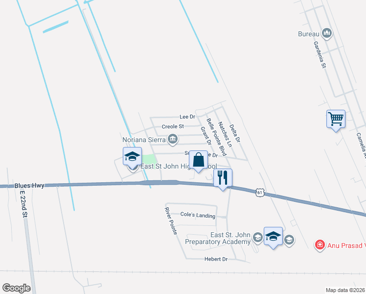 map of restaurants, bars, coffee shops, grocery stores, and more near 1647 Jefferson Street in LaPlace