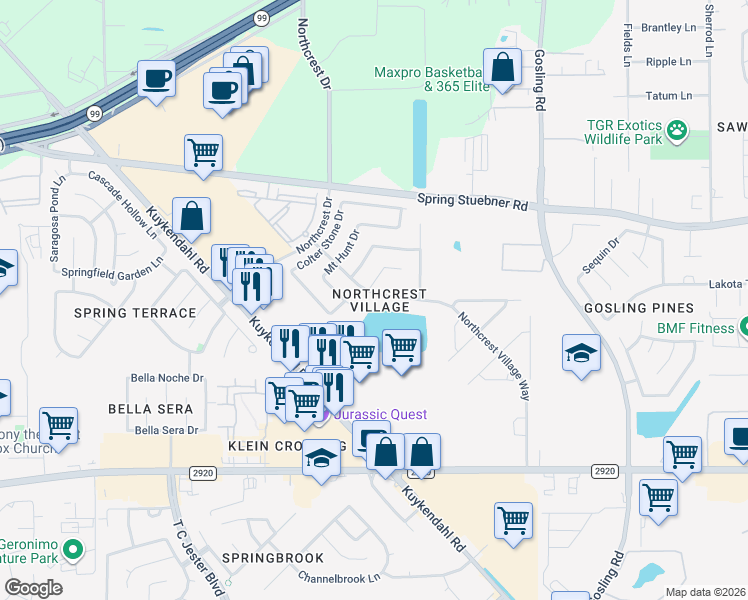 map of restaurants, bars, coffee shops, grocery stores, and more near 21806 Glade Canyon Court in Spring