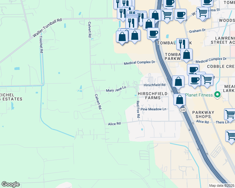map of restaurants, bars, coffee shops, grocery stores, and more near 14506 Mary Jane Lane in Tomball