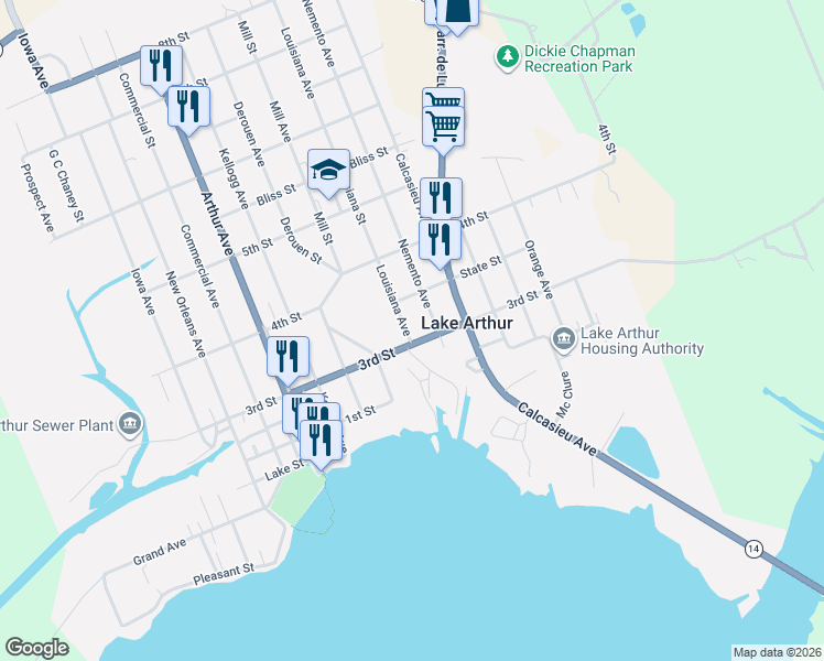 map of restaurants, bars, coffee shops, grocery stores, and more near 301-319 Nemento Avenue in Lake Arthur