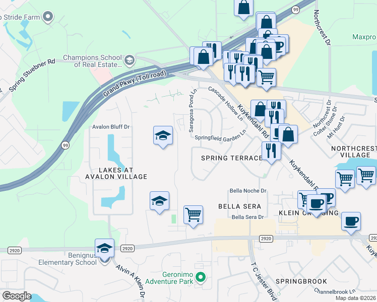 map of restaurants, bars, coffee shops, grocery stores, and more near 6858 Tammany Manor Lane in Spring