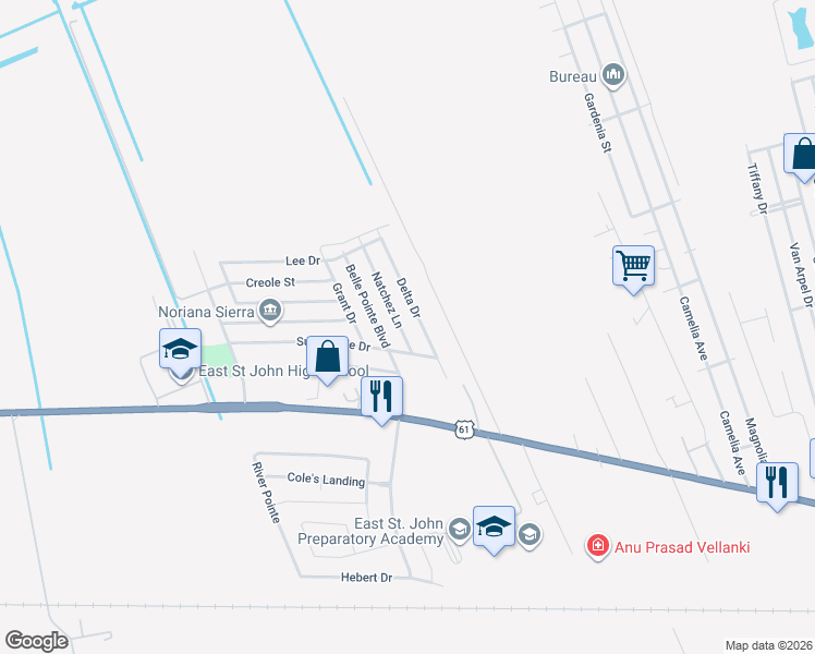 map of restaurants, bars, coffee shops, grocery stores, and more near 1510 Natchez Lane in LaPlace
