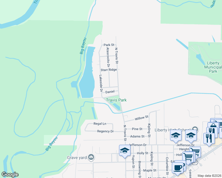 map of restaurants, bars, coffee shops, grocery stores, and more near 5002 Atascocita Drive in Liberty