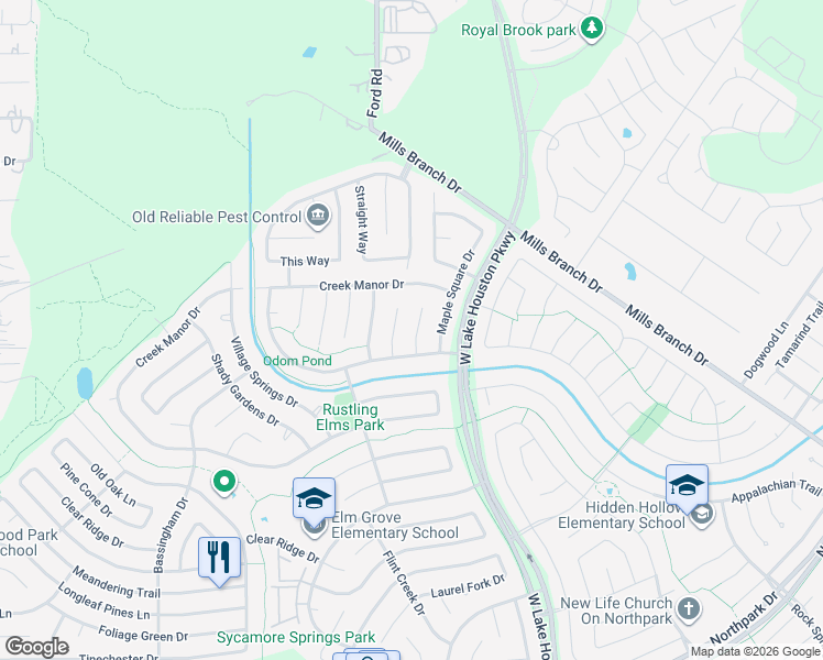 map of restaurants, bars, coffee shops, grocery stores, and more near 5415 Glade Estates Drive in Humble