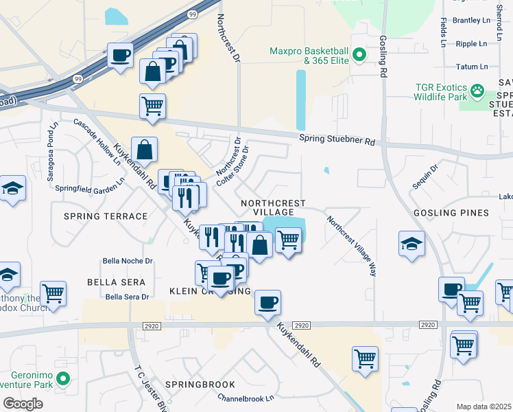 map of restaurants, bars, coffee shops, grocery stores, and more near 6014 Wilcox Point Drive in Spring