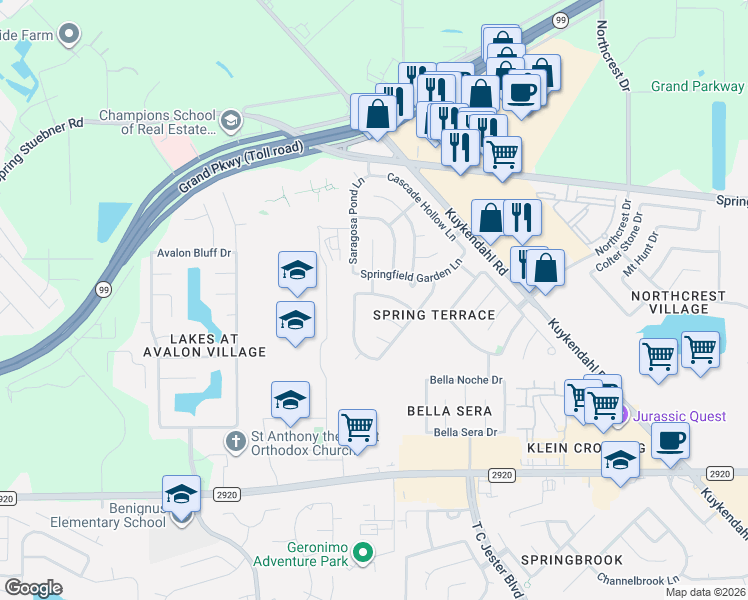 map of restaurants, bars, coffee shops, grocery stores, and more near 6858 Tammany Manor Lane in Spring