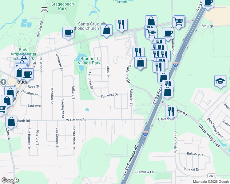 map of restaurants, bars, coffee shops, grocery stores, and more near 781 Faircrest Drive in Buda