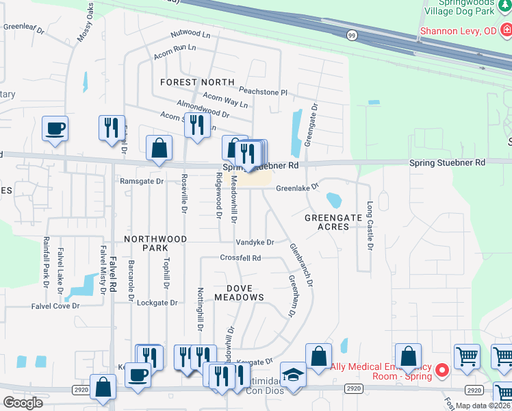 map of restaurants, bars, coffee shops, grocery stores, and more near 21811 Glenbranch Drive in Spring