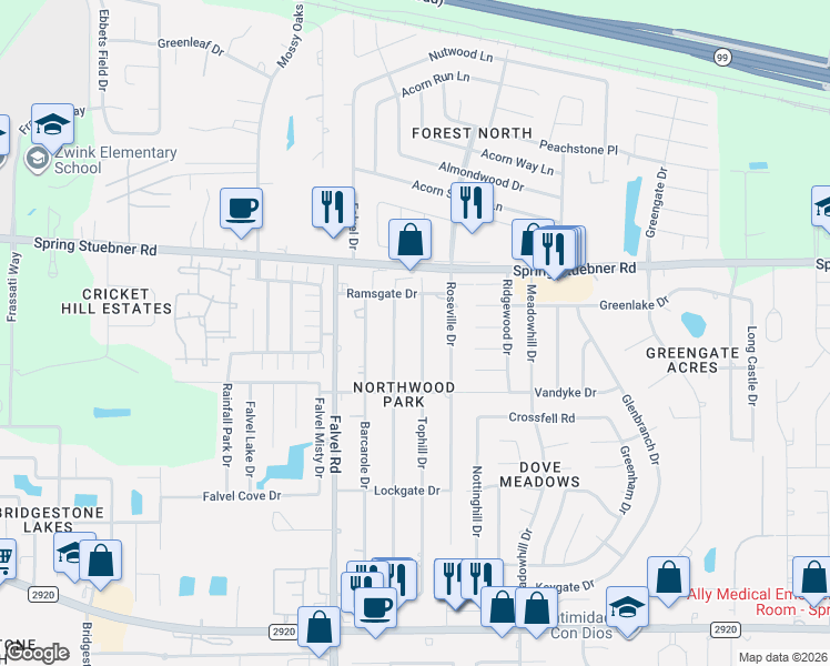 map of restaurants, bars, coffee shops, grocery stores, and more near 21819 Tophill Drive in Spring