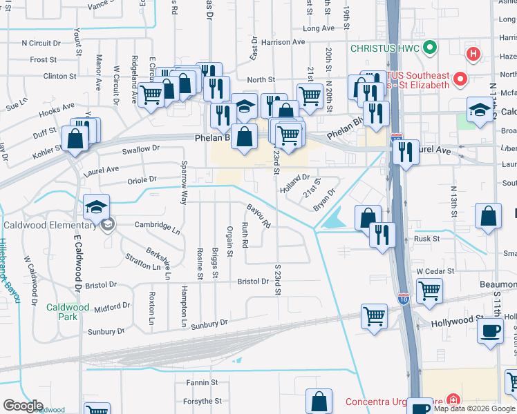 map of restaurants, bars, coffee shops, grocery stores, and more near 4075 Laurel Avenue in Beaumont