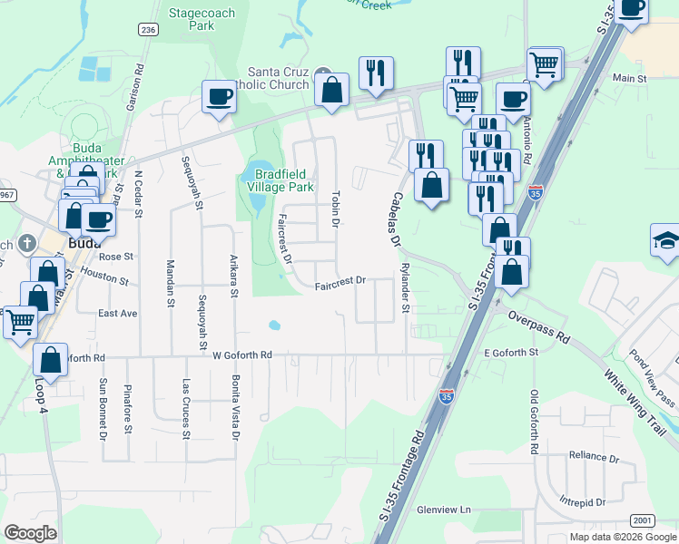 map of restaurants, bars, coffee shops, grocery stores, and more near 600 Rockhurst Street in Buda