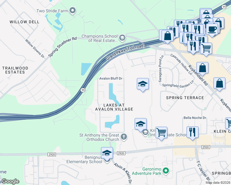 map of restaurants, bars, coffee shops, grocery stores, and more near 7114 Dekadine Court in Spring