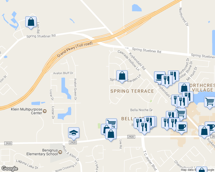 map of restaurants, bars, coffee shops, grocery stores, and more near 21523 Gable Meadows Lane in Spring