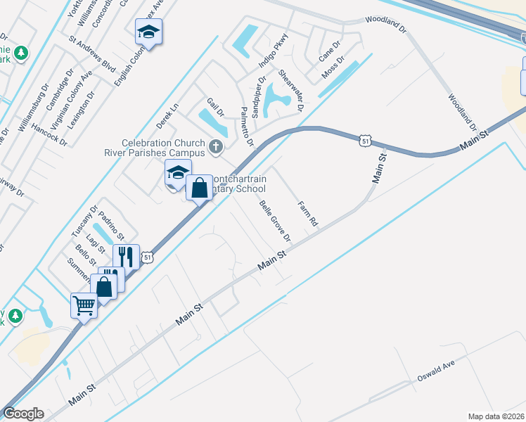 map of restaurants, bars, coffee shops, grocery stores, and more near 136 Belle Grove Drive in LaPlace