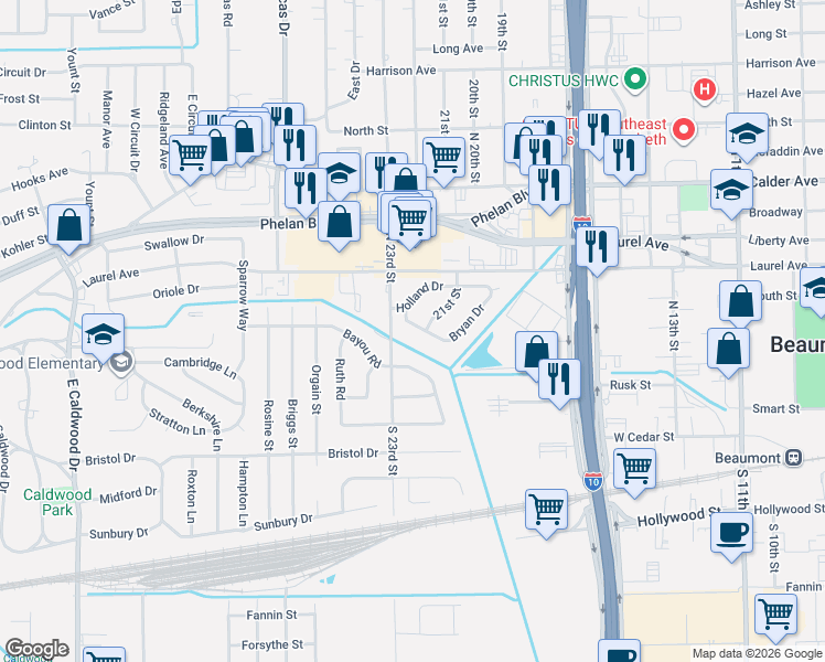 map of restaurants, bars, coffee shops, grocery stores, and more near 3875 Bryan Drive in Beaumont