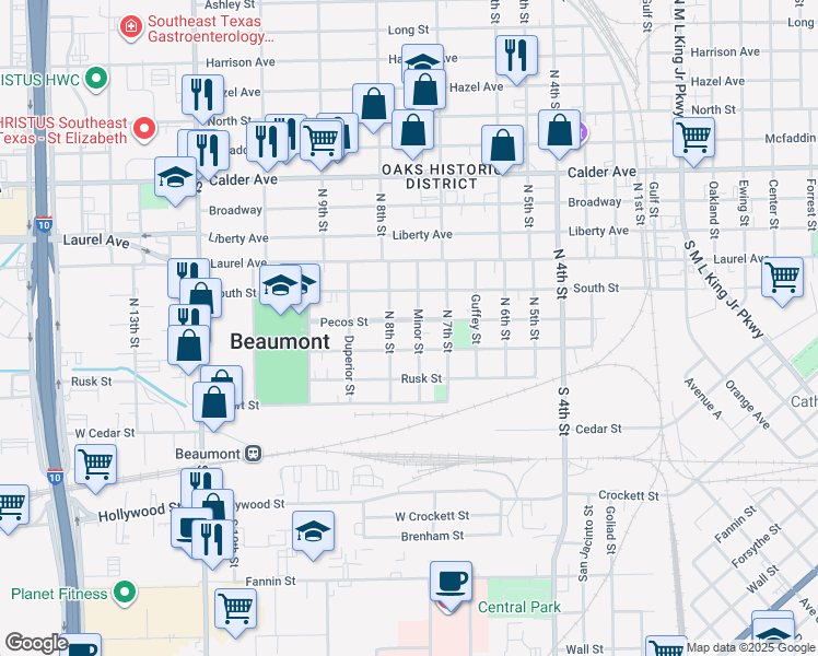 map of restaurants, bars, coffee shops, grocery stores, and more near 2390 Pecos Street in Beaumont
