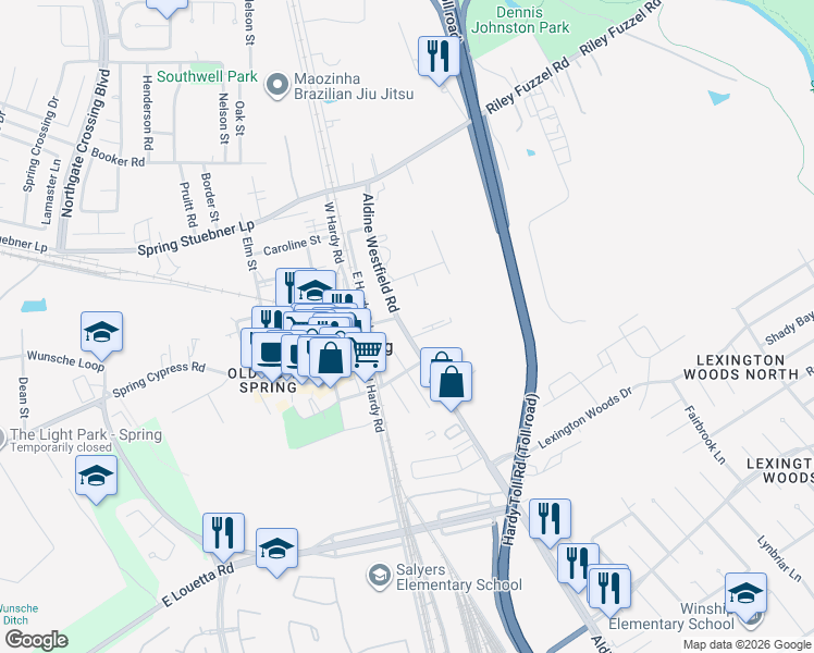 map of restaurants, bars, coffee shops, grocery stores, and more near 26600 Aldine Westfield Road in Spring