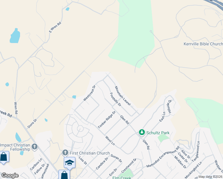 map of restaurants, bars, coffee shops, grocery stores, and more near 1824 Foothills Drive in Kerrville